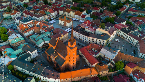 Aerial drone view of Tarnow townscape , Poland. Cathedral church of of Holy Family and Market Square Town Hall.