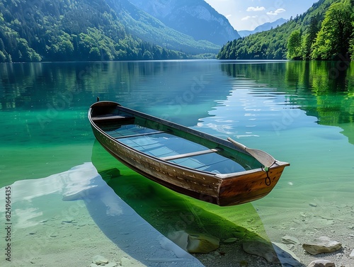 A boat made of glass, shimmering on a crystalclear lake