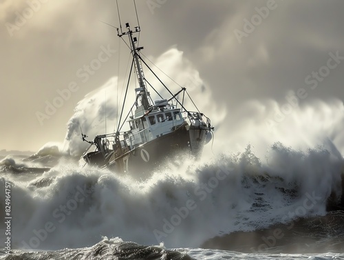 A fishing trawler battling against high waves in a storm
