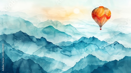 A vibrant watercolor painting of a hot air balloon soaring above misty blue mountains under a soft, warm sky
