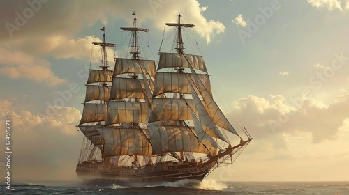 A majestic clipper ship with multiple masts and sails