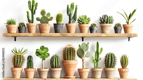 a white background banner advertising a furniture company with shelves that are unusually colored and pots filled with fake flowers ,Composition of a variety of flowering cacti on a white wall