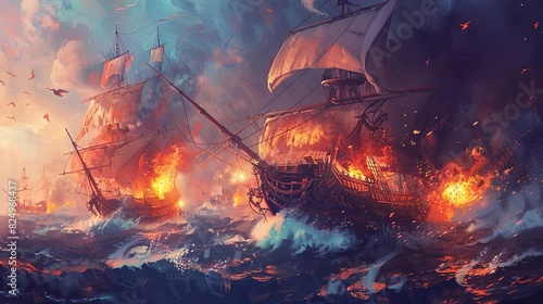 epic pirate ship battle with cannons firing and sails billowing high seas adventure digital painting