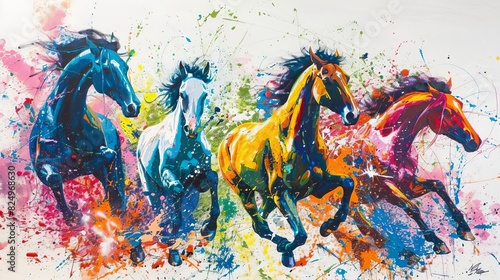 equine explosion colorful galloping horses in abstract acrylic paint splatter capturing dynamic motion and energy abstract painting