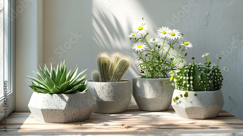 Modern geometric cement planters with white flowers and green succulent plant on white wood shelf on white background ,Succulent plants in pots on white background, space for text