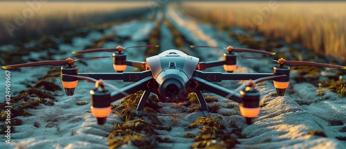 A futuristic agricultural drone equipped with multispectral cameras and AI vision systems, scanning fields from above to detect early signs of disease, nutrient deficiencies, and pest infestations 