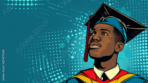Pop art concept. African American man in university graduates wearing graduation gown and cap. Colorful background in pop art retro comic style.