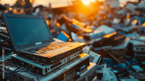 ewaste pile of discarded laptops and electronics recycling and disposal concept blurred background
