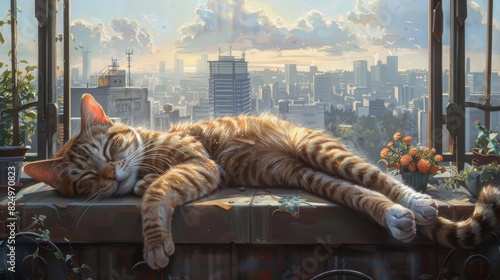 An overweight cat sleeping peacefully on a balcony, with a view of the city skyline in the background.