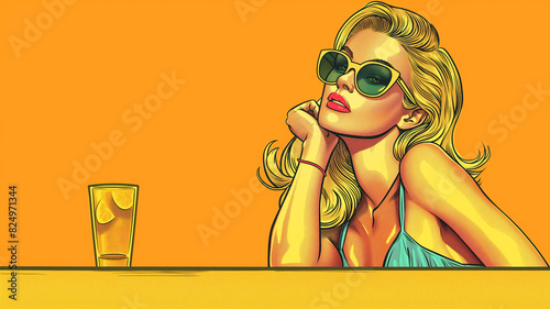 Pop art concept. Blonde woman drinking cocktail at tropical beach bar. Colorful background in pop art retro comic style. Summer holiday banner background.