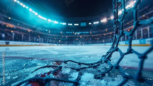 Close-up of a hockey net with fans roaring in the background, stadium lights creating a vibrant scene