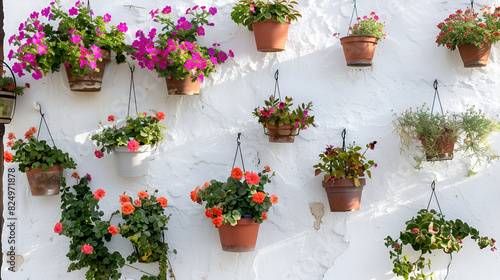 Andalucia Spain whitewashed village flower pot wall display ,Flowerpots with geranium on stucco wall,Flower pots decorating on white wall in the old town of Marbella