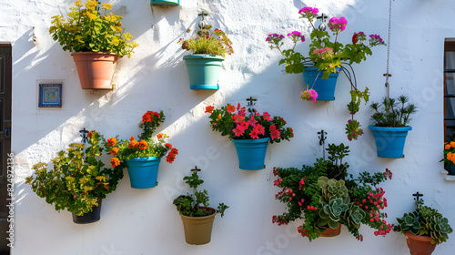 Andalucia Spain whitewashed village flower pot wall display ,Flowerpots with geranium on stucco wall,Flower pots decorating on white wall in the old town of Marbella