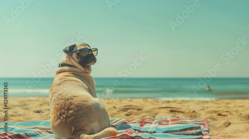 A pug sits thoughtfully on a beach towel, wearing a pair of stylish sunglasses, gazing out at the vast ocean with a contemplative air.