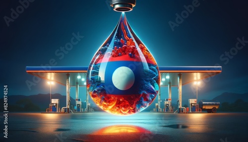 a fuel drop containing vivid colors in front of a gas station at night, symbolizing energy and innovation.