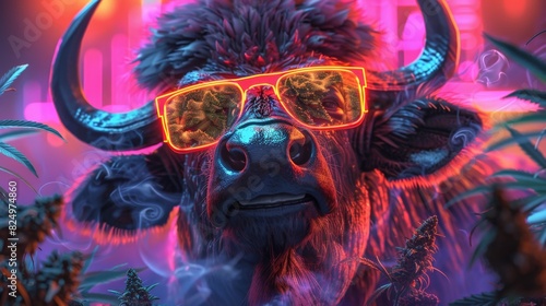 a cool bull wearing neon sunglasses in a vibrant, colorful environment, surrounded by cannabis plants and neon lights.
