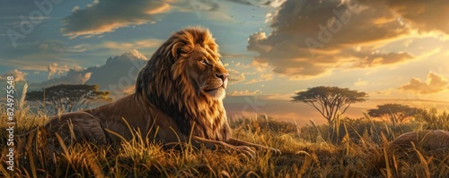 A lion is laying in the grass in a field. The sky is cloudy and the sun is setting. Majestic lion resting on a savannah landscape