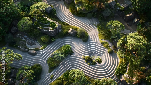 Depict an overhead view of a tranquil Zen garden, featuring raked gravel patterns, moss-covered stones, bonsai trees, and a meditative atmosphere