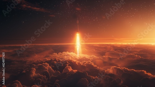 a space rocket in the midst of ascent, with its engines ignited, producing a fiery thrust against a backdrop of a dark, starry sky