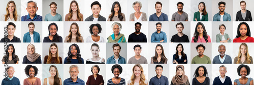 Many multiethnic people looking at camera. Collage of diverse work colleagues of different ages, ethnicities, nationalities, cultures. International employees, video call screen, header or banner-