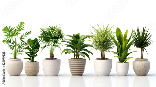 Set of different houseplants in flower pots on white background ,Domestic Foliage Array Houseplants Collection on a White or Clear Surface PNG Transparent Background