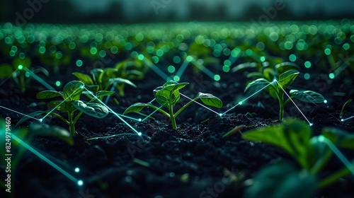 Futuristic agricultural technology concept with digital network connecting young plant seedlings in a field under dim lighting.