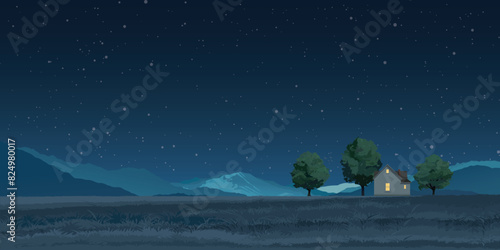 Night at rural landscape side view flat design graphic illustrated have blank space.