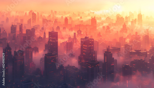 City skyline in foggy sunset, creating a painting of pink and red sky at dusk