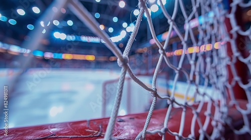 Ice hockey net close-up with enthusiastic fans in the background, vibrant stadium lights, ready for action