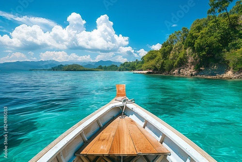 Closeup modern boat in tropical blue water with view to the sea and island