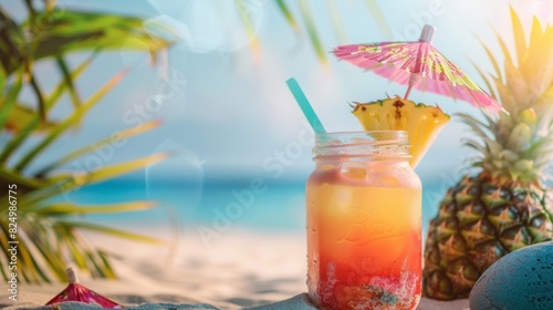 A vibrant, layered cocktail in a mason jar rests on a sandy beach with a pineapple wedge and colorful umbrella.