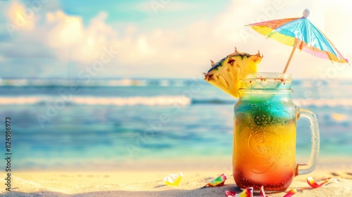 A vibrant, layered cocktail in a mason jar rests on a sandy beach with a pineapple wedge and colorful umbrella.