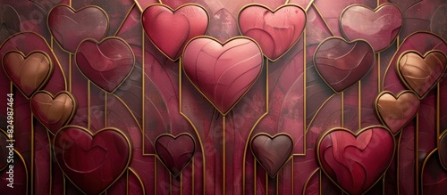 Art Deco Poster Symmetrical Hearts Arrangement in Rose Burgundy and Gold