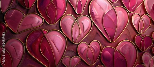 Elegant Art Deco Poster Symmetrical Hearts Arrangement in Rose Burgundy and Gold