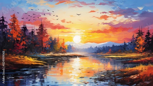 The setting sun casts a golden glow on the tranquil lake, while the trees on the shore are ablaze with autumn colors. A flock of birds flies overhead, adding to the peaceful scene.