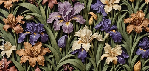 relief wallpaper depicting a pattern of various flowers, berries and leaves. Harmonious illustration in the artistic sense;