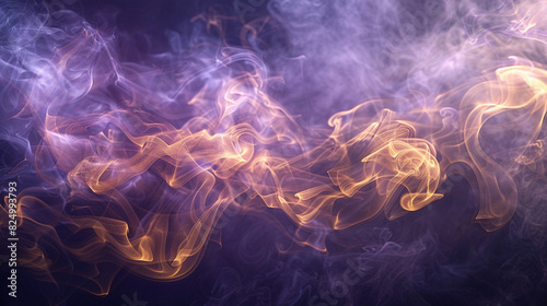 Light smoke in soft gradients of purple and gold, drifting gracefully on a charcoal background