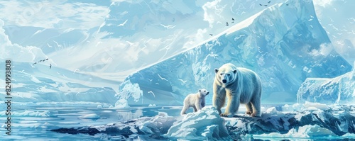 Arctic landscape with a polar bear and her cub