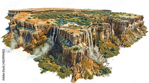 Modern nature national park background wallpaper, backdrop, texture, Victoria Falls, South Africa, isolated. LIDAR model, elevation scan, topography map, 3D render, template, aerial, drone