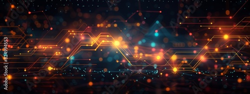 Dark illustration of a technical system with orange lines connecting different flow states.