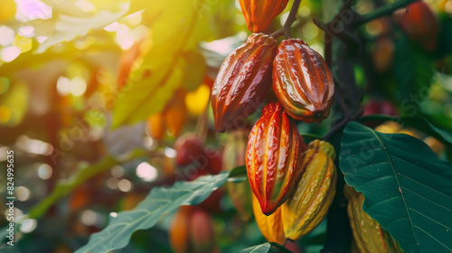 Cacao fruit flourishing on cocoa tree in plantation.