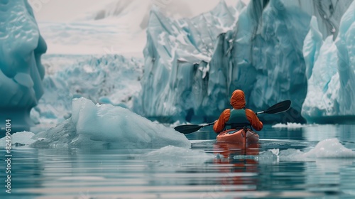 Adventurous person kayaking among breathtaking icebergs in a serene icy landscape