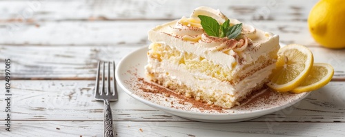 lemon tiramisu cake, summer dessert on a white ceramic plate on a white wooden background, banner