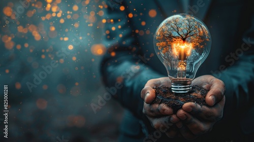 A striking image of a business leader holding a light bulb with a tree inside, symbolizing innovative eco-friendly solutions
