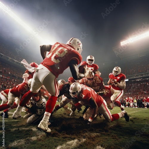 A thrilling moment in an American football game, capturing the power and strategy of the players as they clash on the field, with a roaring crowd and dramatic stadium lighting.
