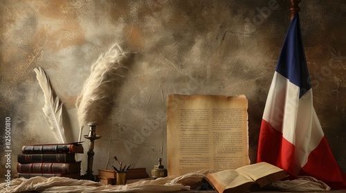 Vintage French Revolution display with tricolor flag and antique items for Bastille Day. Enjoy a simple Bastille Day display with vintage French artifacts.