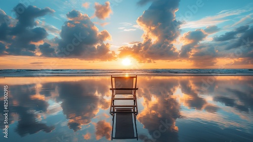 A beach chair facing a large reflective tidal pool, capturing the sunrise and clouds reflected in the water, creating a perfect symmetrical image of peace and natural beauty.