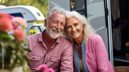 Laughing senior couple sitting by their camper van, surrounded by blooming flowers, enjoying a joyful and relaxed moment outdoors