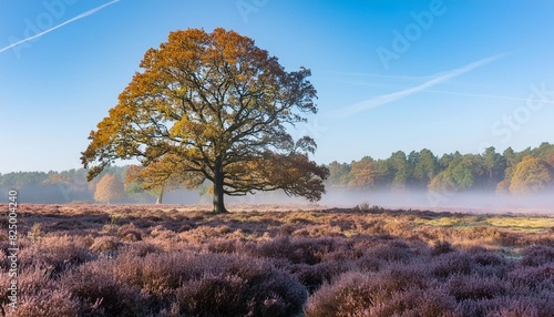 oak in morning sun on heather field with fog in autumn fall located between germany and netherlands