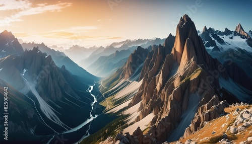 a unique and diverse mountain range with huge cliffs and rivers depicted in a stylized and abstract manner